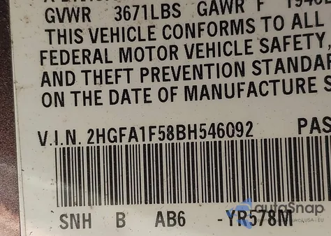 2011 Honda Civic Lx from USA, damaged, VIN 2HGFA1F58BH546092